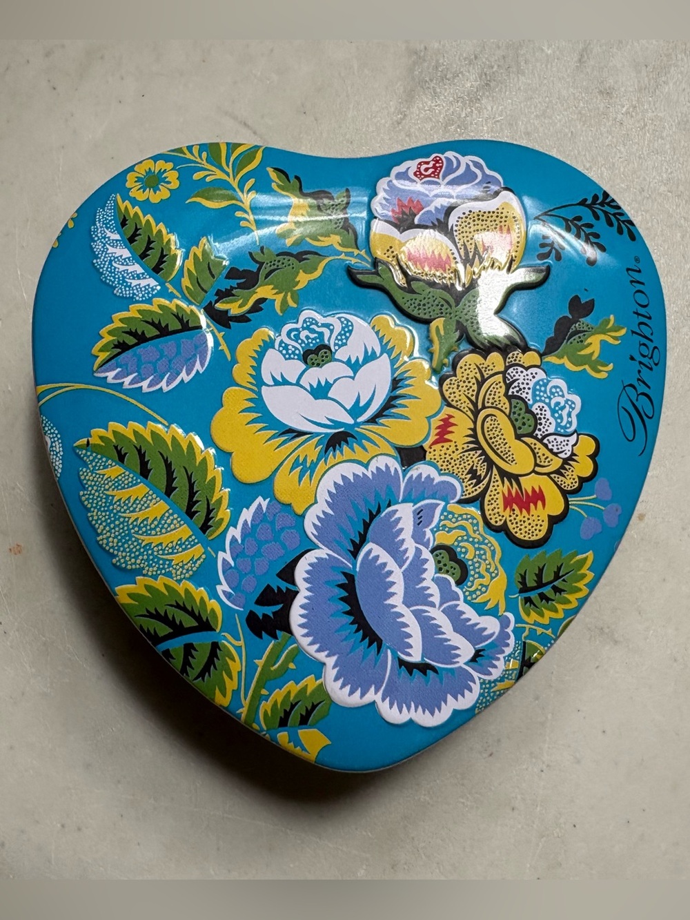 Brighton Floral Decorative Heart Shaped Tin *empty blue yellow dainty pretty